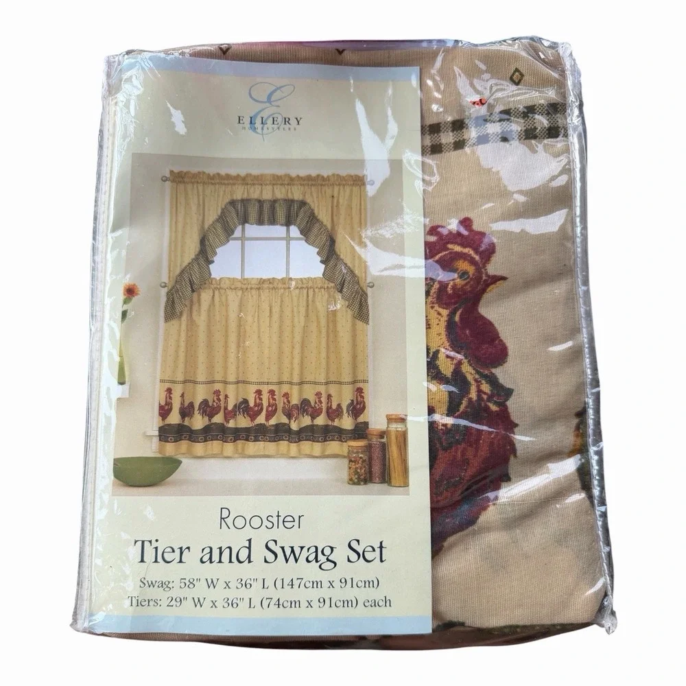 Vintage Ellery Tier & Swag Window Set 58x36 Yellow Red Rooster Curtains